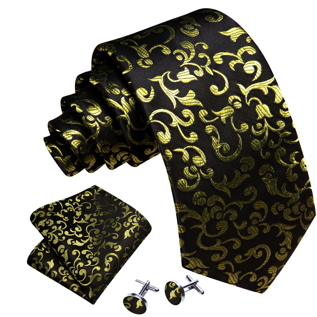 Black Yellow Floral Silk Tie, Pocket Square and Cufflinks Set tie sets - Sophisticated Gentlemen