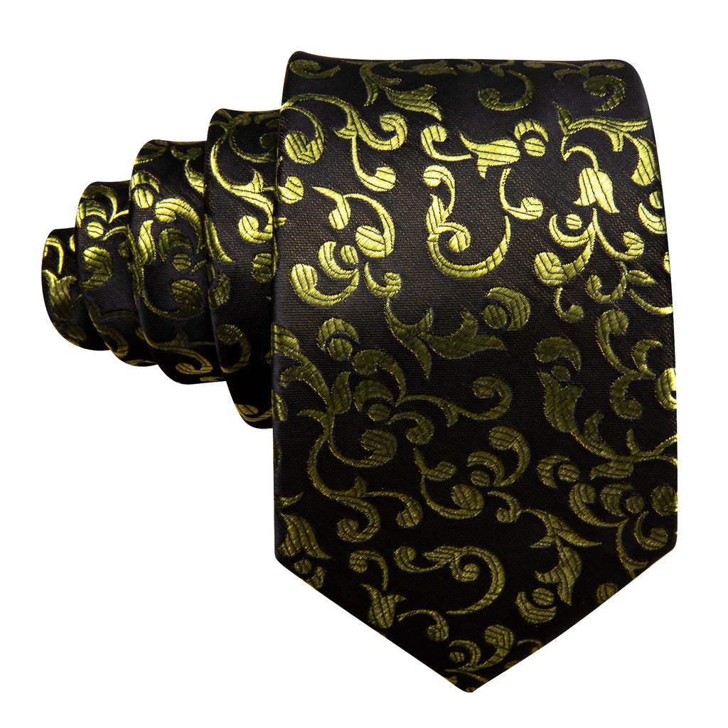 Black Yellow Floral Silk Tie, Pocket Square and Cufflinks Set tie sets - Sophisticated Gentlemen