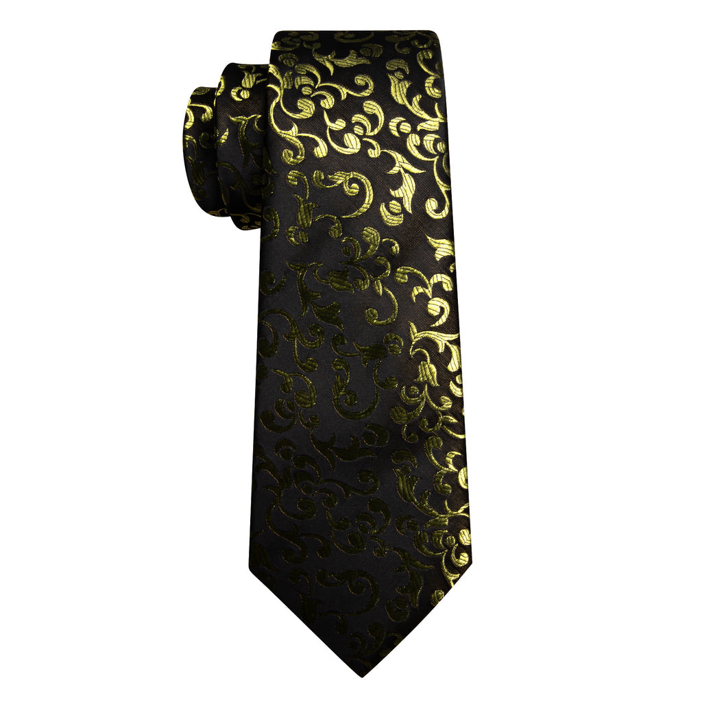 Black Yellow Floral Silk Tie, Pocket Square and Cufflinks Set tie sets - Sophisticated Gentlemen