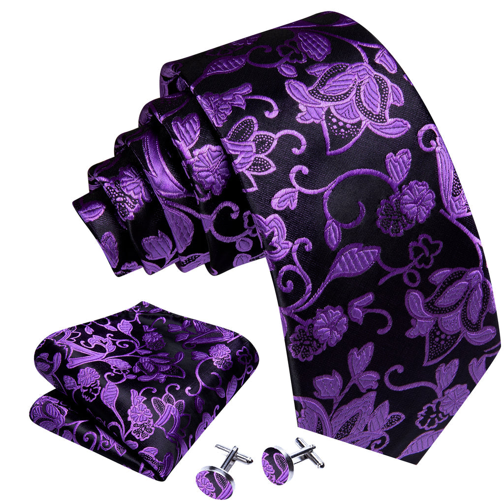 Purple Black Floral Silk Tie, Pocket Square and Cufflinks Set tie sets - Sophisticated Gentlemen