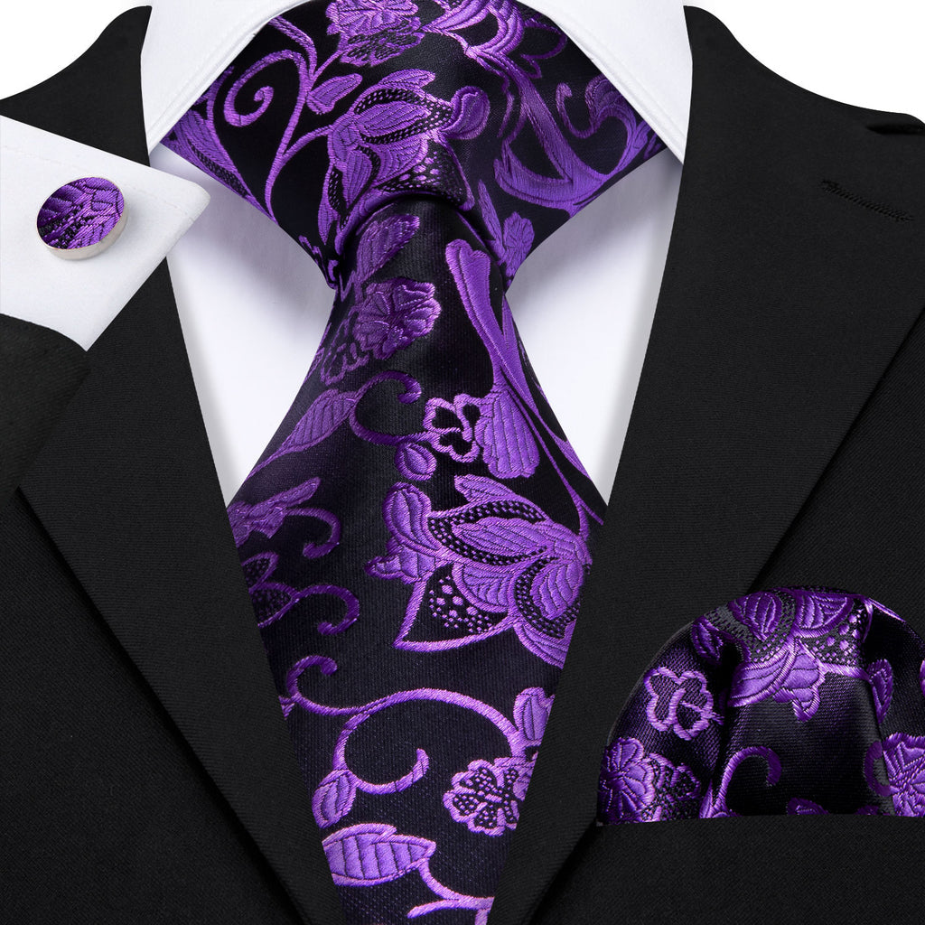 Purple Black Floral Silk Tie, Pocket Square and Cufflinks Set tie sets - Sophisticated Gentlemen