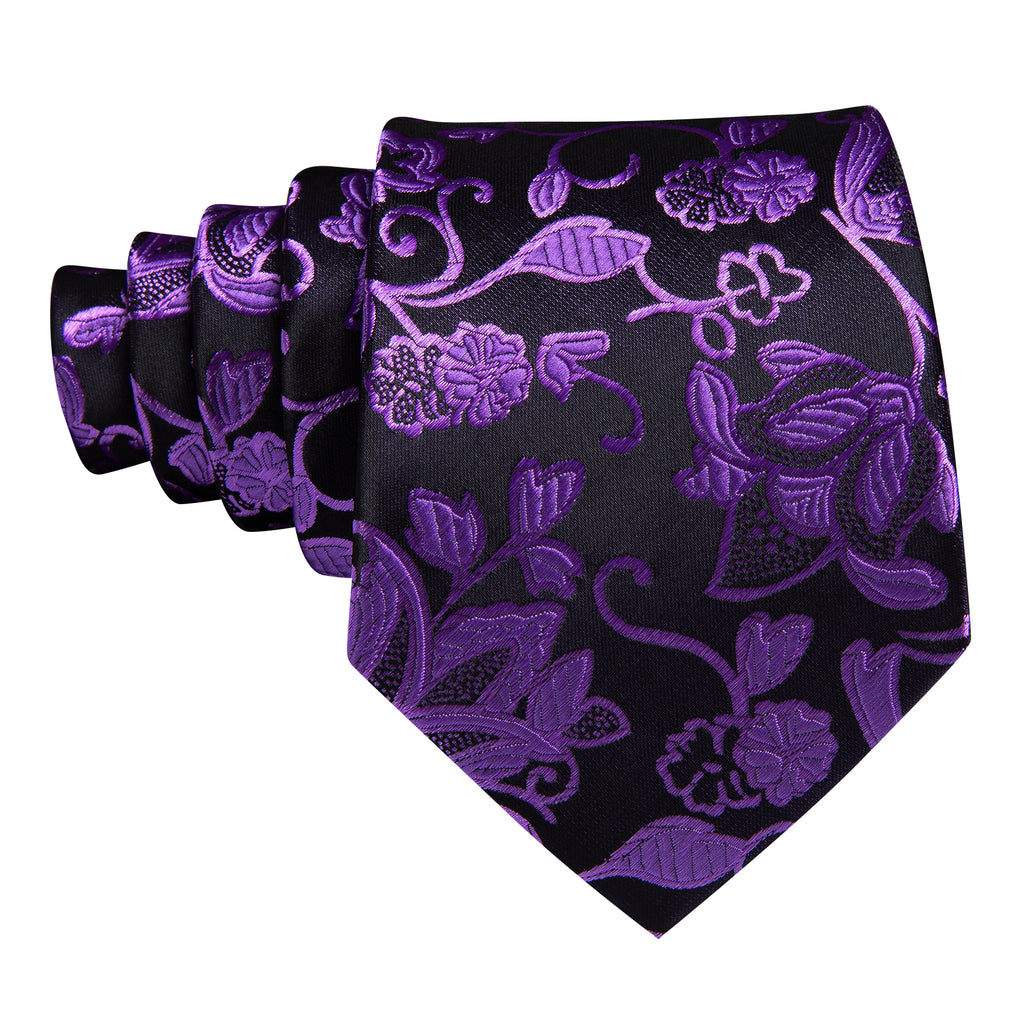 Purple Black Floral Silk Tie, Pocket Square and Cufflinks Set tie sets - Sophisticated Gentlemen
