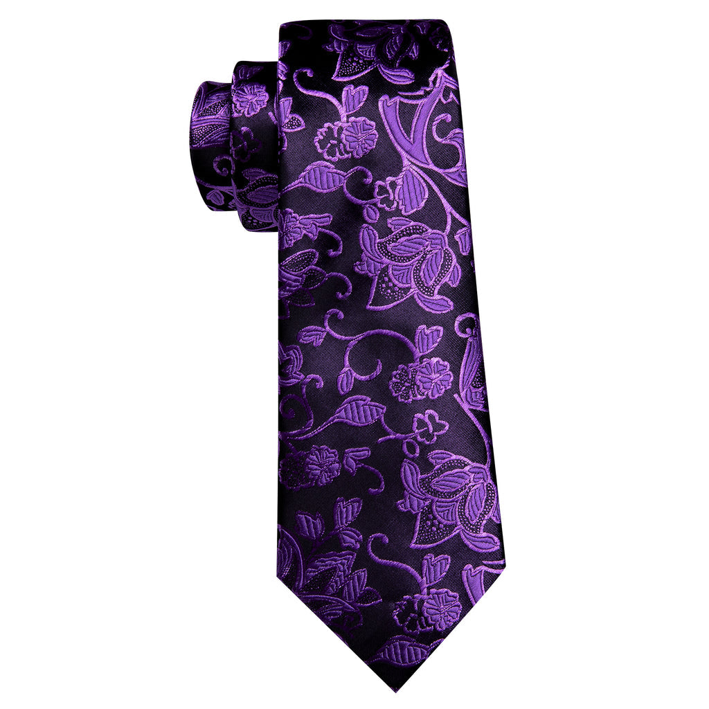 Purple Black Floral Silk Tie, Pocket Square and Cufflinks Set tie sets - Sophisticated Gentlemen