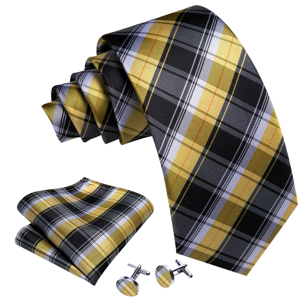Black Yellow Checkered Silk Tie, Pocket Square and Cufflinks Set tie sets - Sophisticated Gentlemen