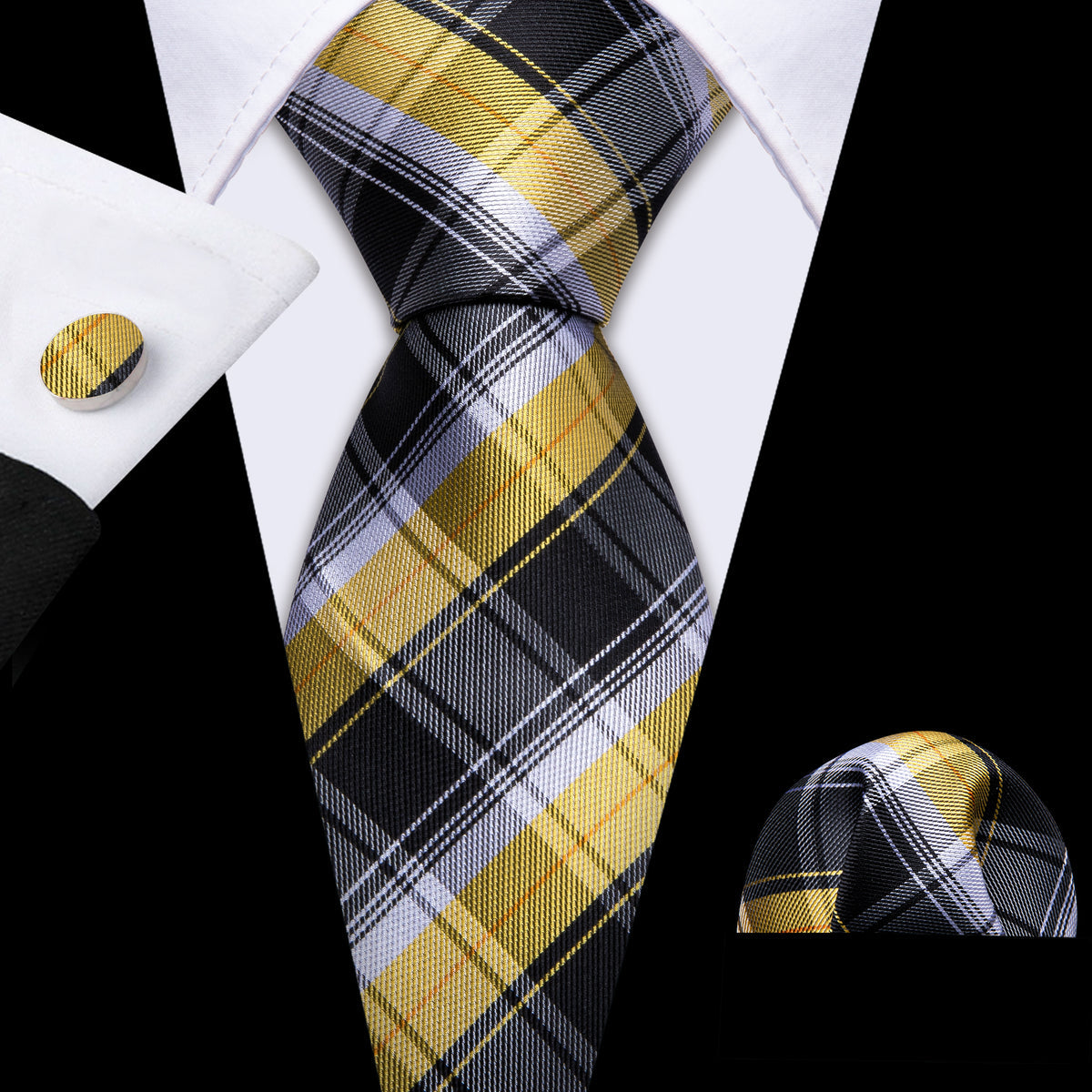 Black Yellow Checkered Silk Tie, Pocket Square and Cufflinks Set tie sets - Sophisticated Gentlemen