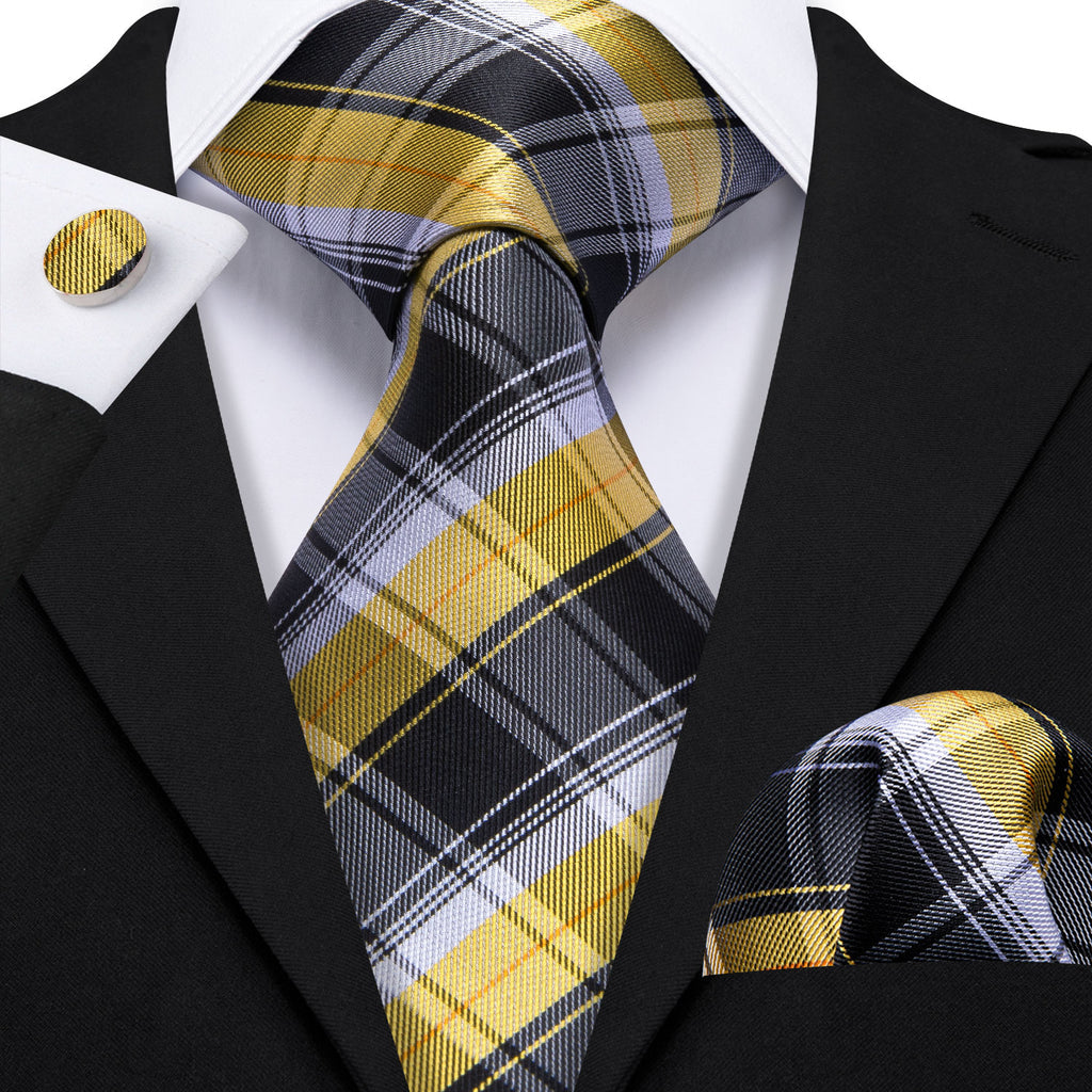 Black Yellow Checkered Silk Tie, Pocket Square and Cufflinks Set tie sets - Sophisticated Gentlemen