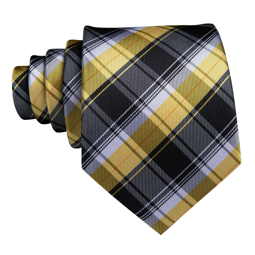 Black Yellow Checkered Silk Tie, Pocket Square and Cufflinks Set tie sets - Sophisticated Gentlemen