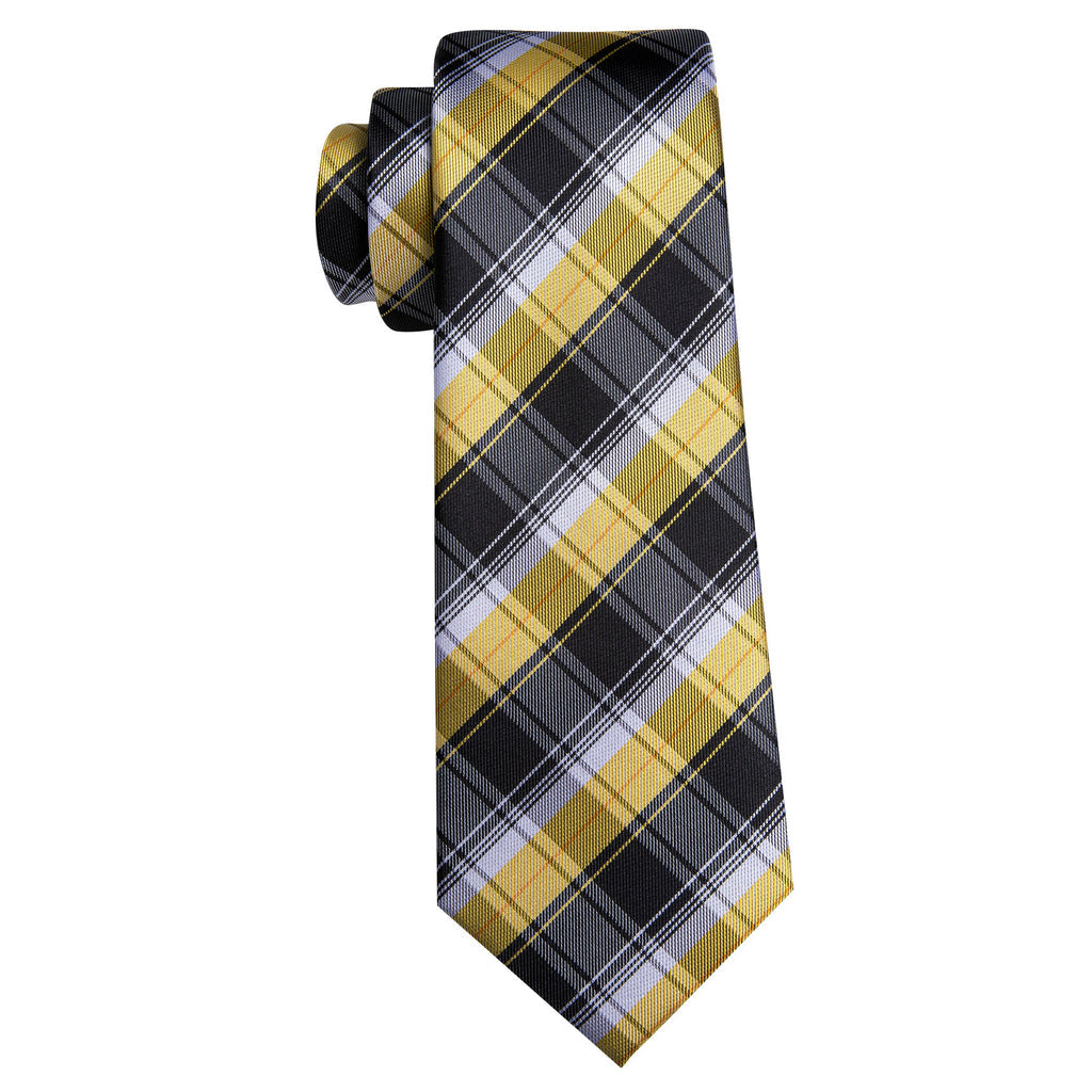 Black Yellow Checkered Silk Tie, Pocket Square and Cufflinks Set tie sets - Sophisticated Gentlemen