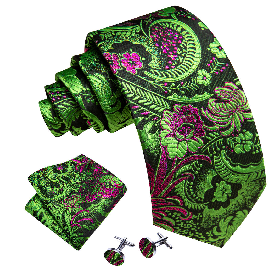 Green Red Violet Paisley Silk Tie, Pocket Square and Cufflinks Set tie sets - Sophisticated Gentlemen