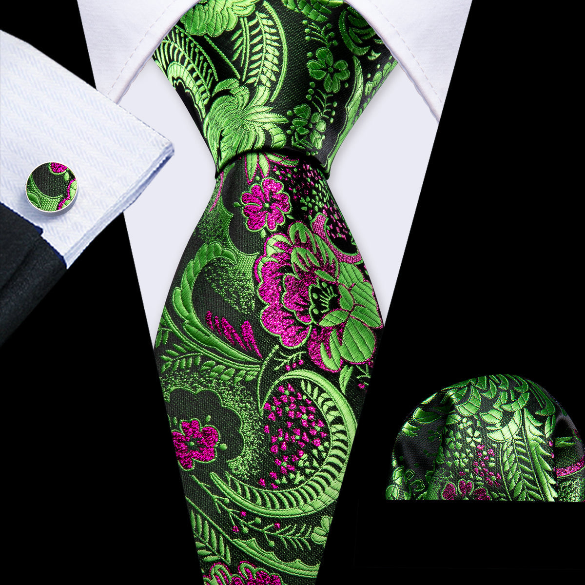 Green Red Violet Paisley Silk Tie, Pocket Square and Cufflinks Set tie sets - Sophisticated Gentlemen