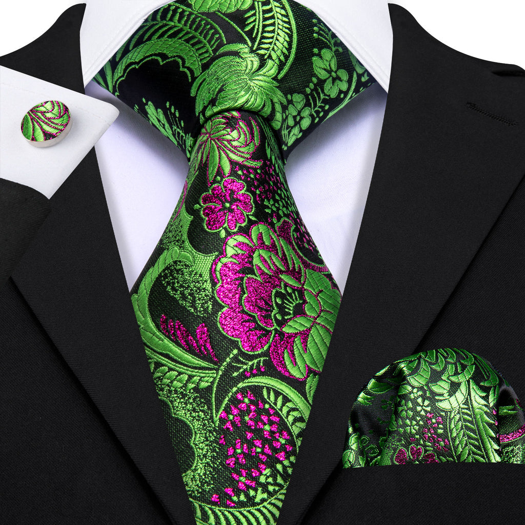 Green Red Violet Paisley Silk Tie, Pocket Square and Cufflinks Set tie sets - Sophisticated Gentlemen