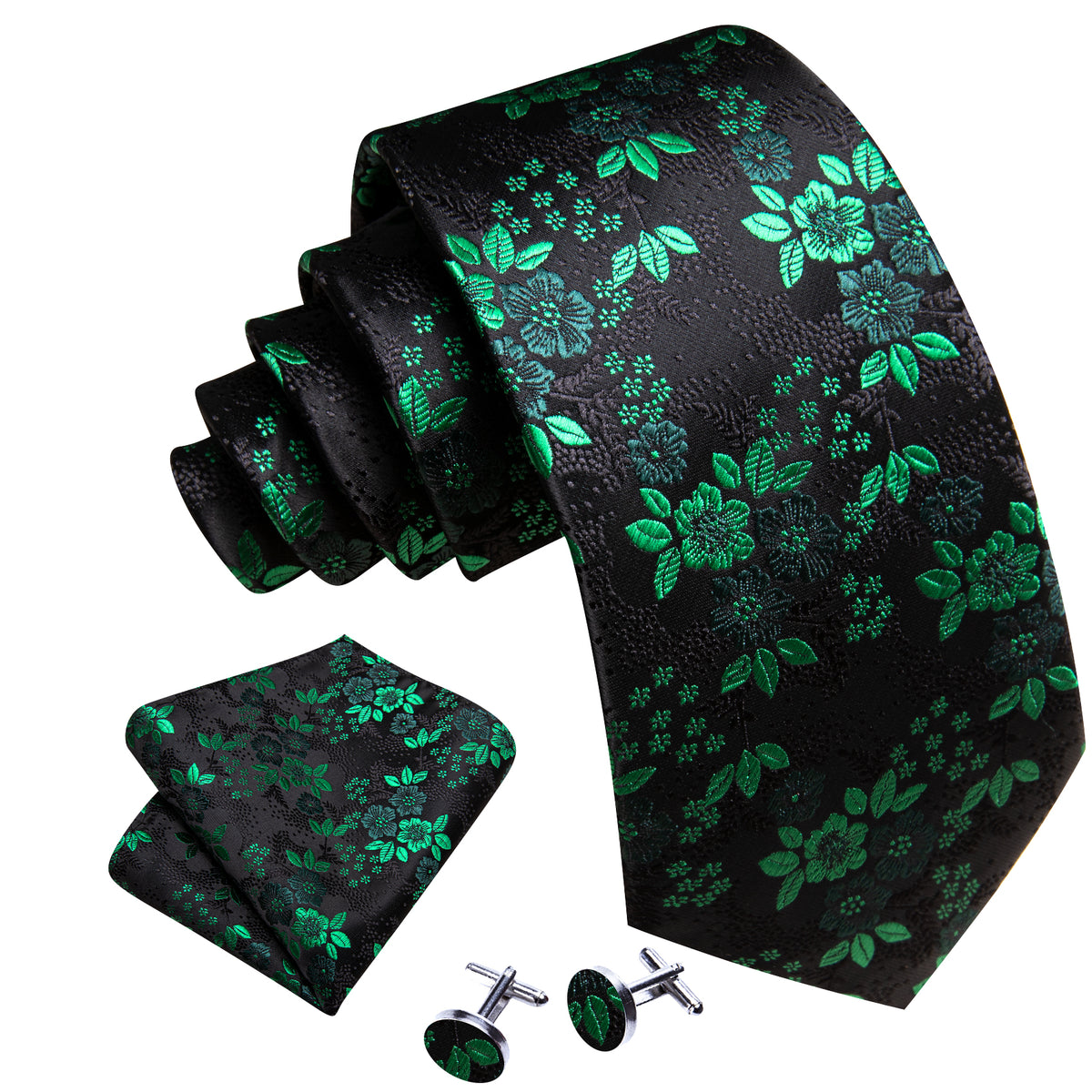 Green Black Floral Silk Tie, Pocket Square and Cufflinks Set tie sets - Sophisticated Gentlemen