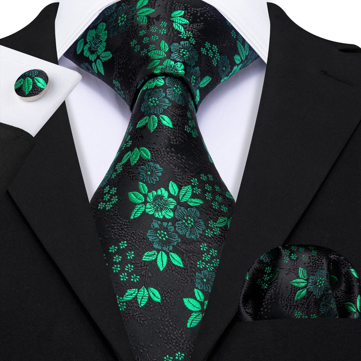 Green Black Floral Silk Tie, Pocket Square and Cufflinks Set tie sets - Sophisticated Gentlemen