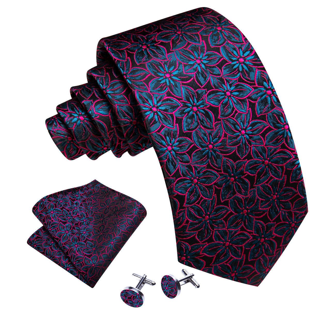 Black Floral Red Blue Silk Tie, Pocket Square and Cufflinks Set tie sets - Sophisticated Gentlemen
