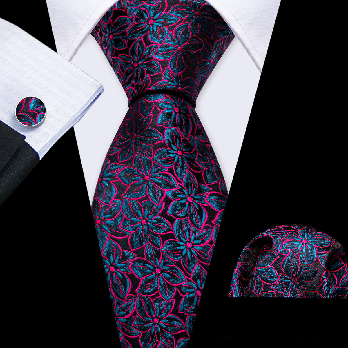 Black Floral Red Blue Silk Tie, Pocket Square and Cufflinks Set tie sets - Sophisticated Gentlemen