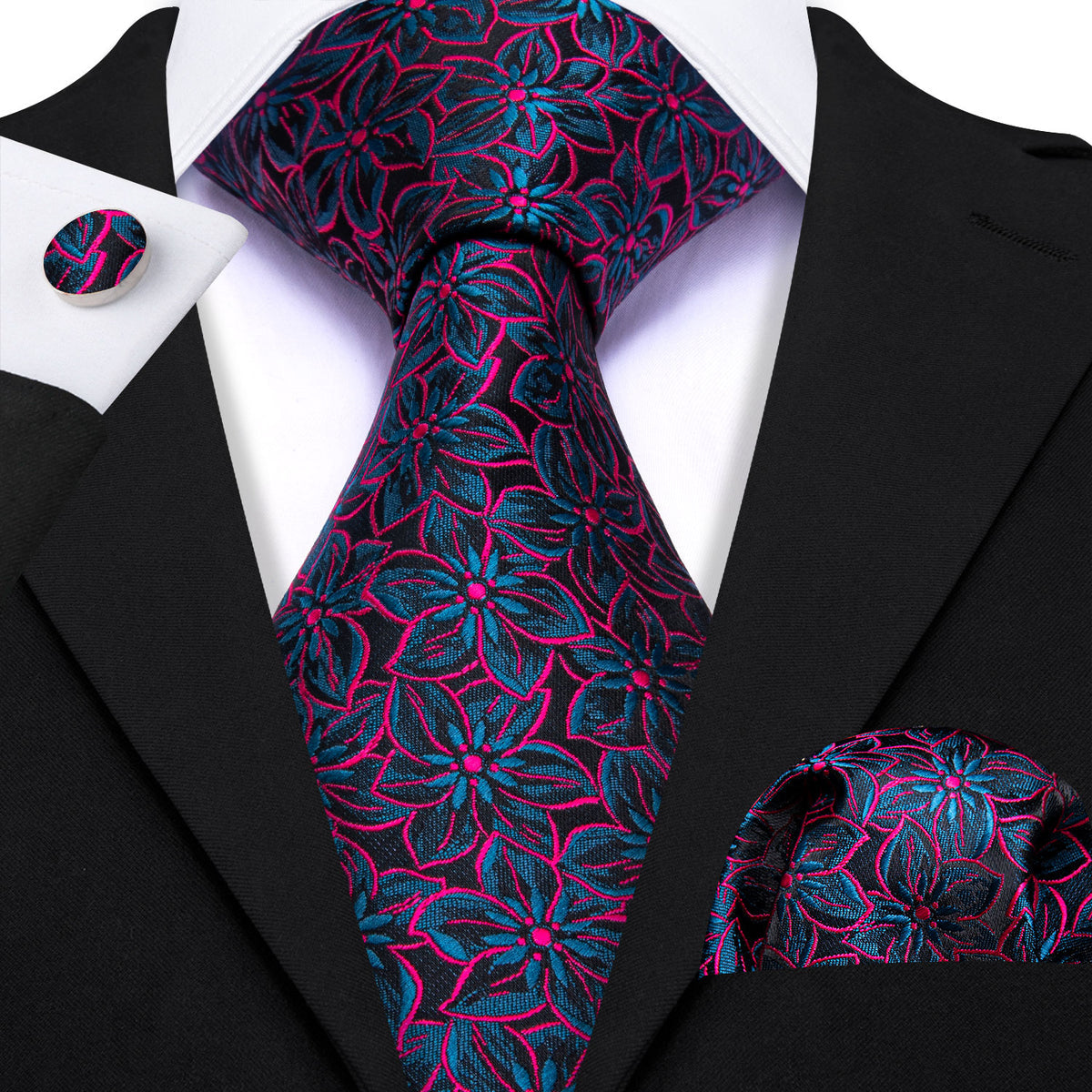 Black Floral Red Blue Silk Tie, Pocket Square and Cufflinks Set tie sets - Sophisticated Gentlemen