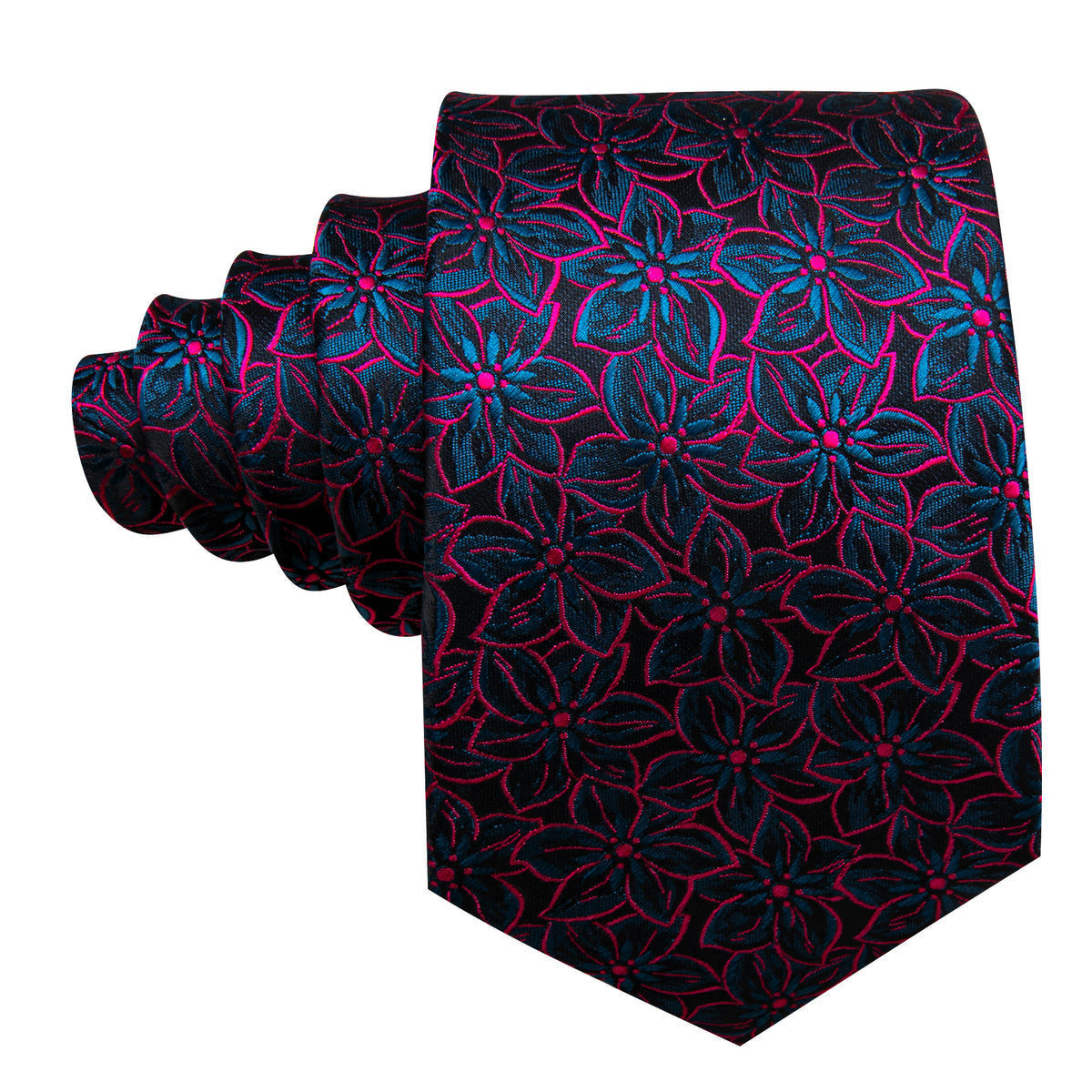 Black Floral Red Blue Silk Tie, Pocket Square and Cufflinks Set tie sets - Sophisticated Gentlemen
