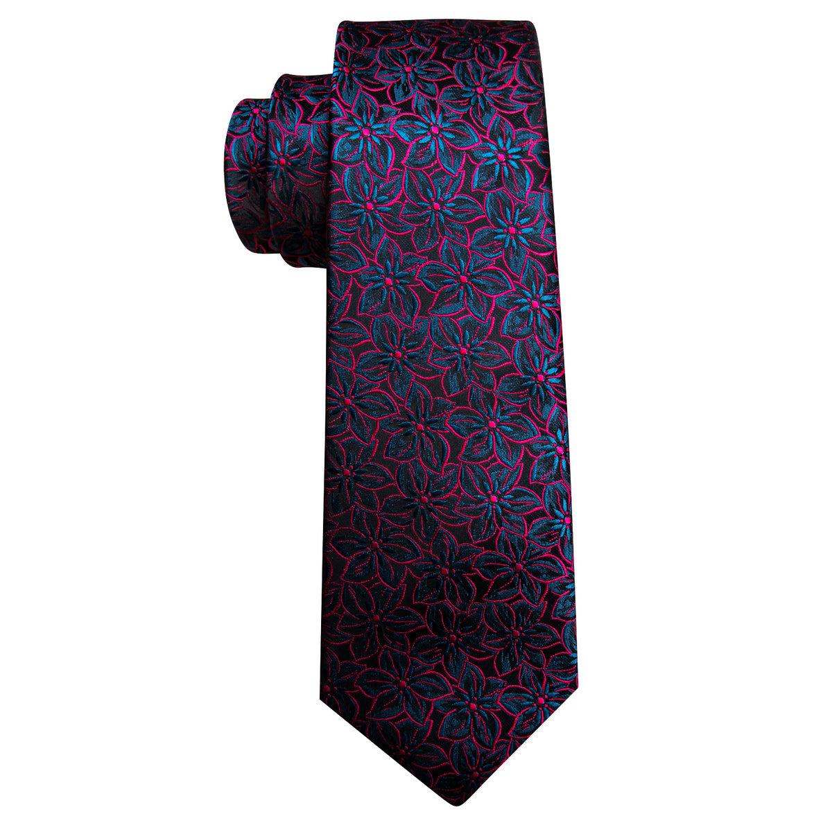 Black Floral Red Blue Silk Tie, Pocket Square and Cufflinks Set tie sets - Sophisticated Gentlemen