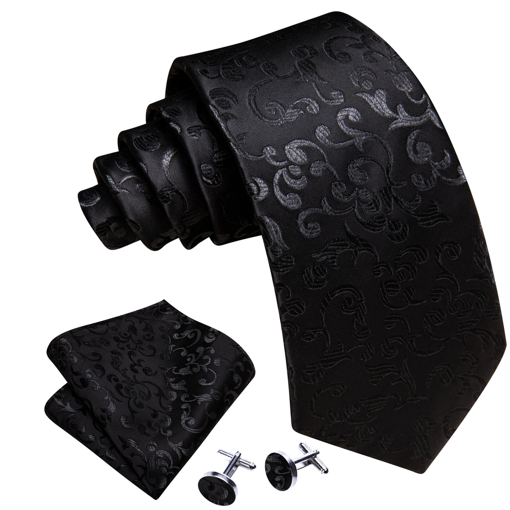 Luxury Black Floral Silk Tie, Pocket Square and Cufflinks Set tie sets - Sophisticated Gentlemen