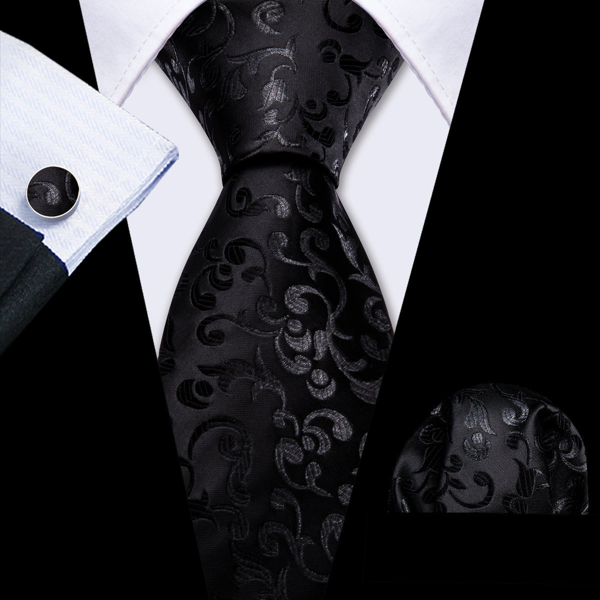 Luxury Black Floral Silk Tie, Pocket Square and Cufflinks Set tie sets - Sophisticated Gentlemen