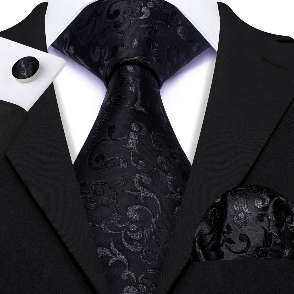 Luxury Black Floral Silk Tie, Pocket Square and Cufflinks Set tie sets - Sophisticated Gentlemen