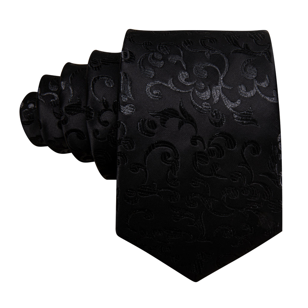 Luxury Black Floral Silk Tie, Pocket Square and Cufflinks Set tie sets - Sophisticated Gentlemen