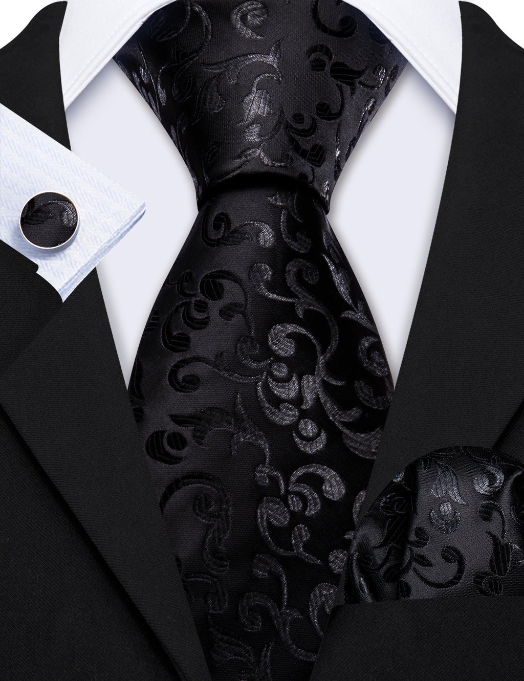 Luxury Black Floral Silk Tie, Pocket Square and Cufflinks Set tie sets - Sophisticated Gentlemen