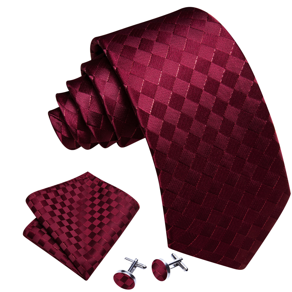 Burgundy Plaid Silk Tie, Pocket Square and Cufflinks Set tie sets - Sophisticated Gentlemen