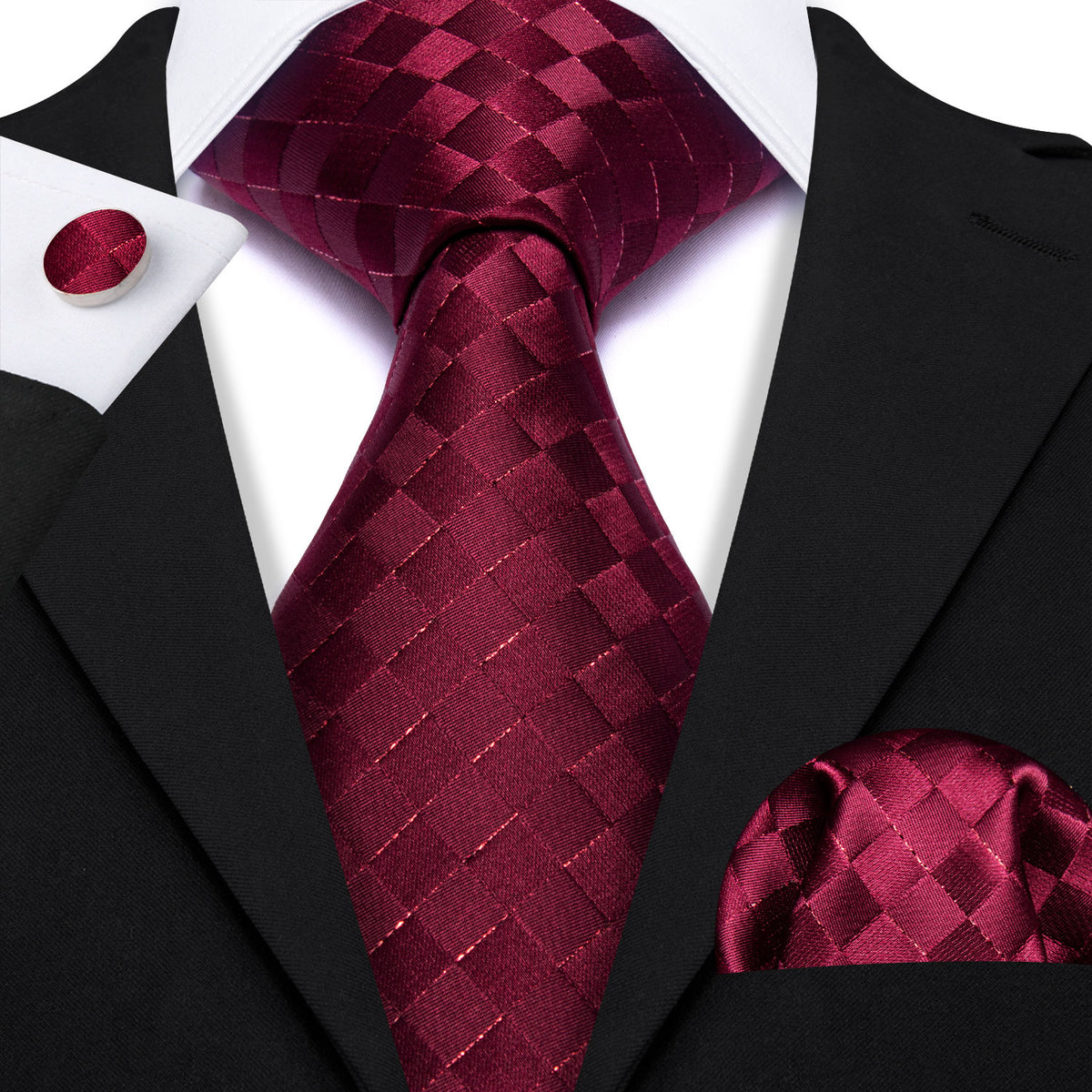 Burgundy Plaid Silk Tie, Pocket Square and Cufflinks Set tie sets - Sophisticated Gentlemen