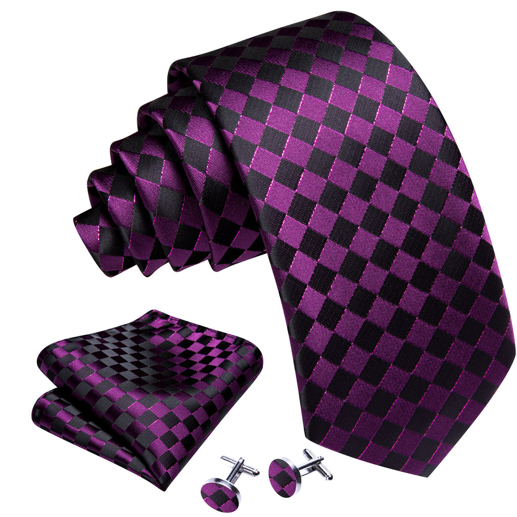 Dark Purple Black Plaid Silk Tie, Pocket Square and Cufflinks Set tie sets - Sophisticated Gentlemen