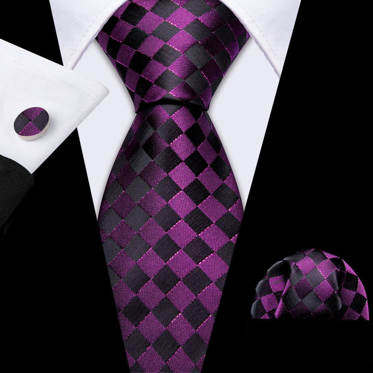 Dark Purple Black Plaid Silk Tie, Pocket Square and Cufflinks Set tie sets - Sophisticated Gentlemen