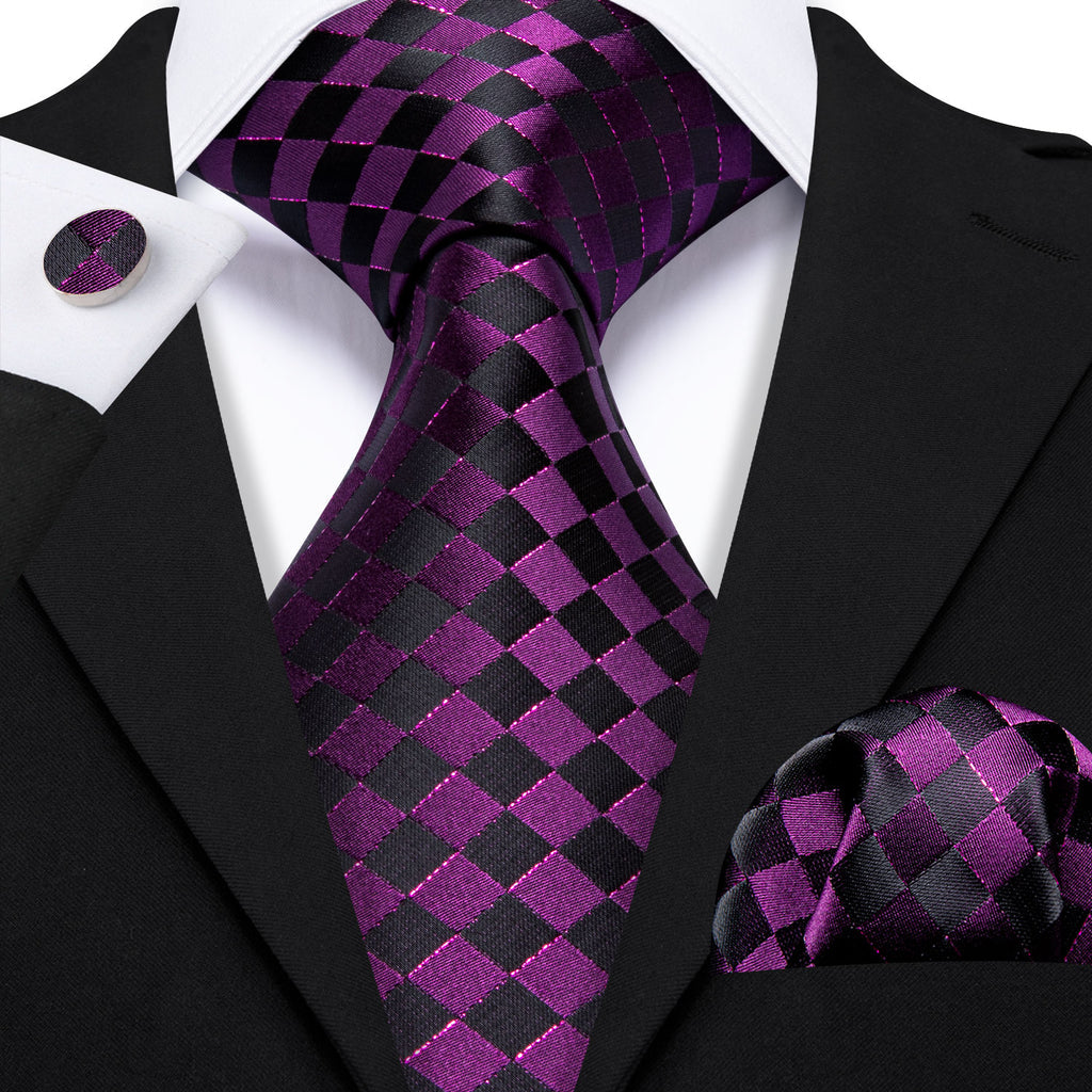 Dark Purple Black Plaid Silk Tie, Pocket Square and Cufflinks Set tie sets - Sophisticated Gentlemen