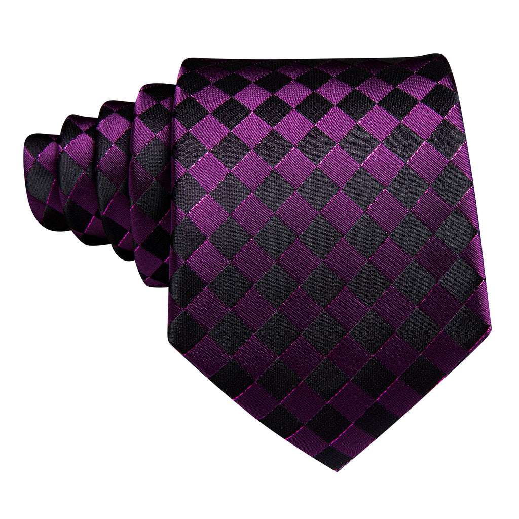 Dark Purple Black Plaid Silk Tie, Pocket Square and Cufflinks Set tie sets - Sophisticated Gentlemen