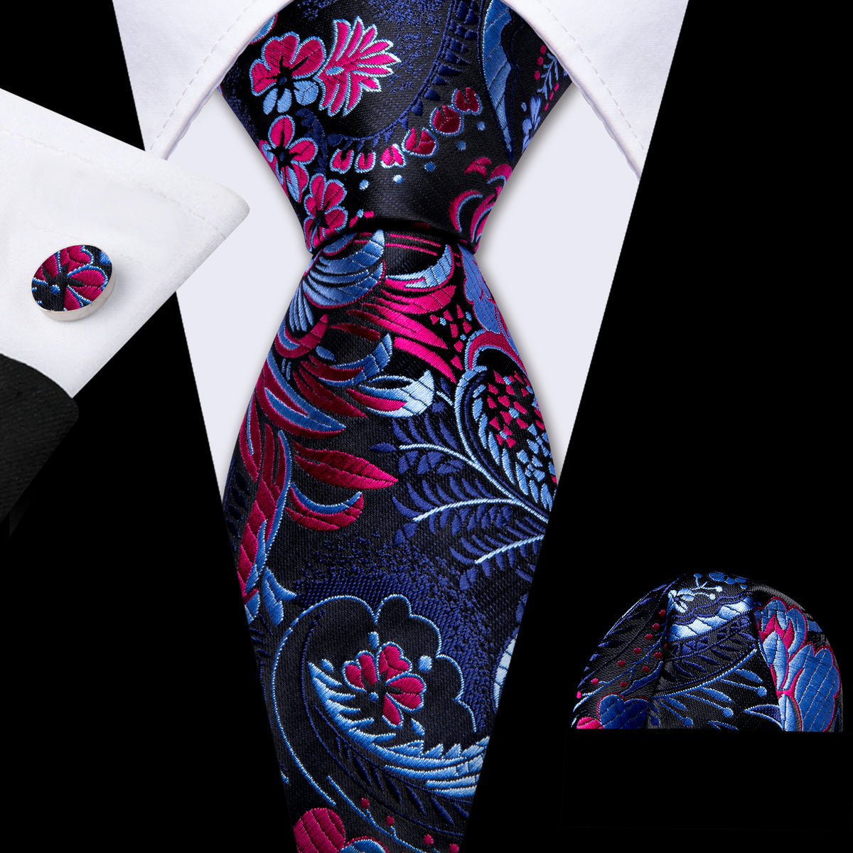 Blue Red Paisley Silk Tie, Pocket Square and Cufflinks Set tie sets - Sophisticated Gentlemen