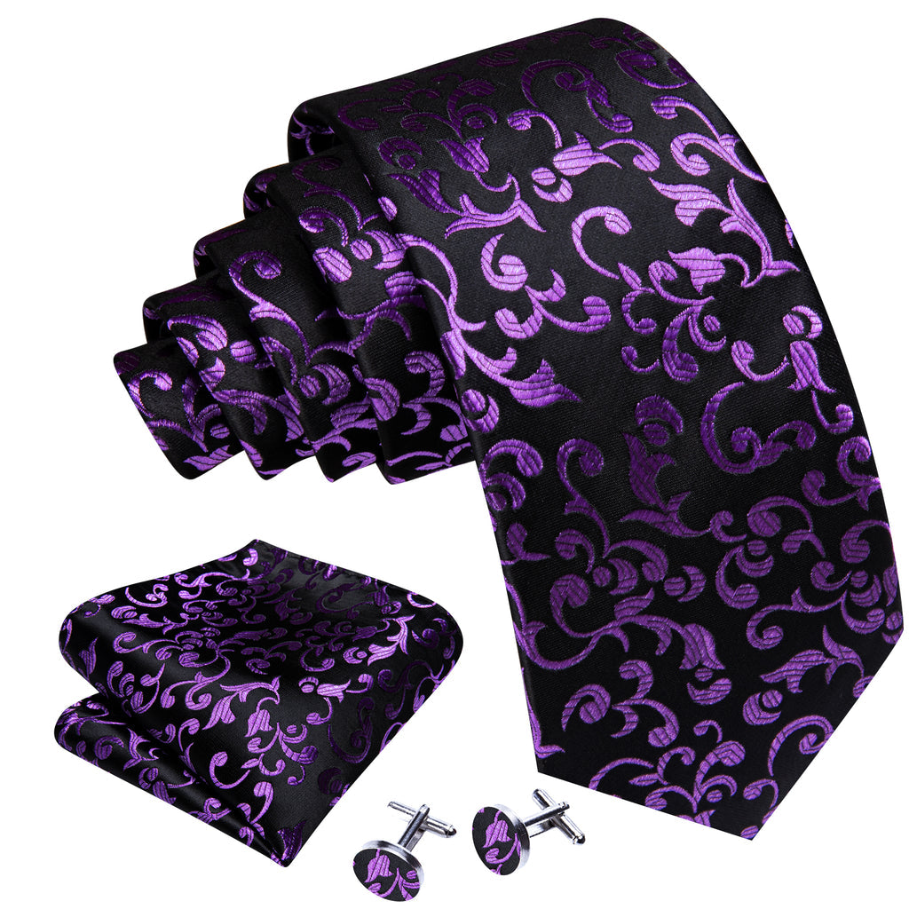 Black Purple Floral Tie, Pocket Square and Cufflinks Set tie sets - Sophisticated Gentlemen