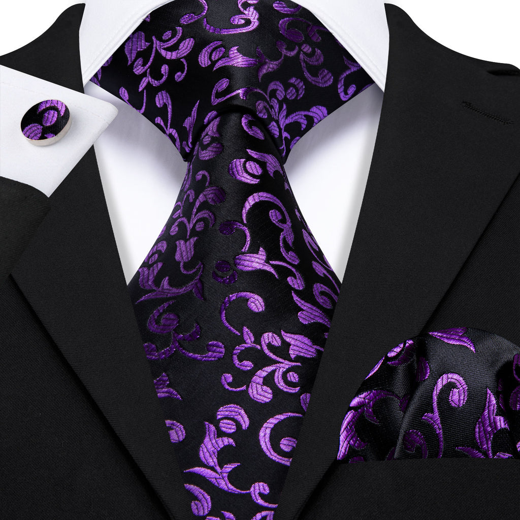Black Purple Floral Tie, Pocket Square and Cufflinks Set tie sets - Sophisticated Gentlemen