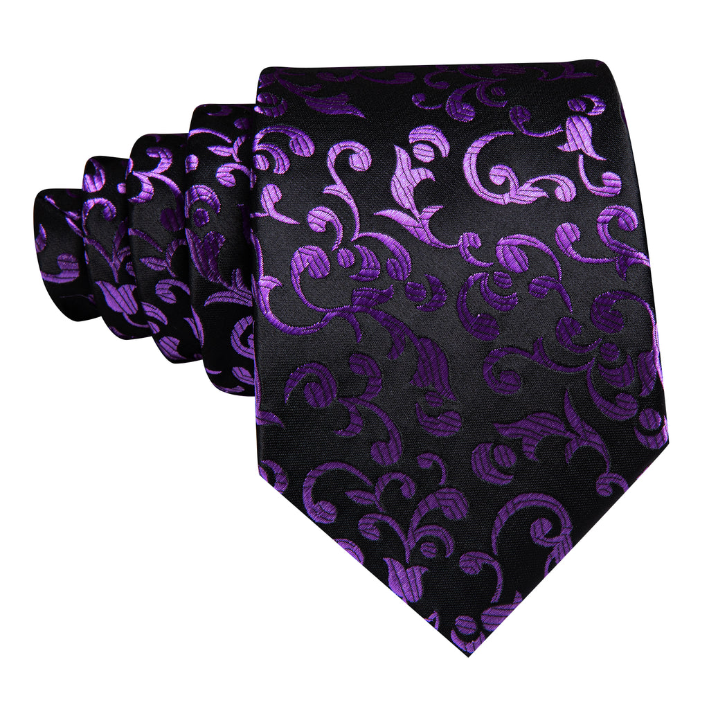 Black Purple Floral Tie, Pocket Square and Cufflinks Set tie sets - Sophisticated Gentlemen