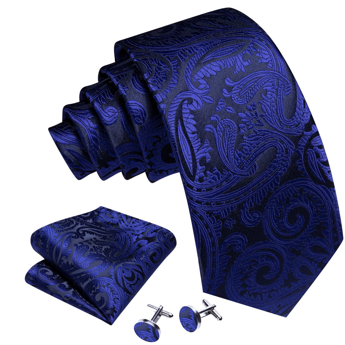 Blue Black Paisley Silk Tie, Pocket Square and Cufflinks Set tie sets - Sophisticated Gentlemen