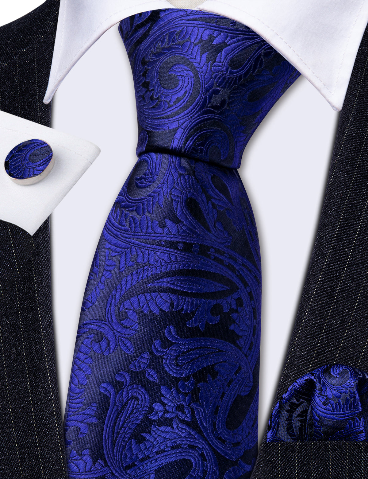 Blue Black Paisley Silk Tie, Pocket Square and Cufflinks Set tie sets - Sophisticated Gentlemen