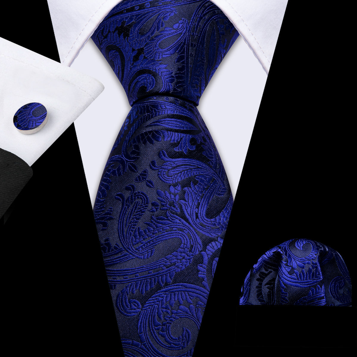 Blue Black Paisley Silk Tie, Pocket Square and Cufflinks Set tie sets - Sophisticated Gentlemen