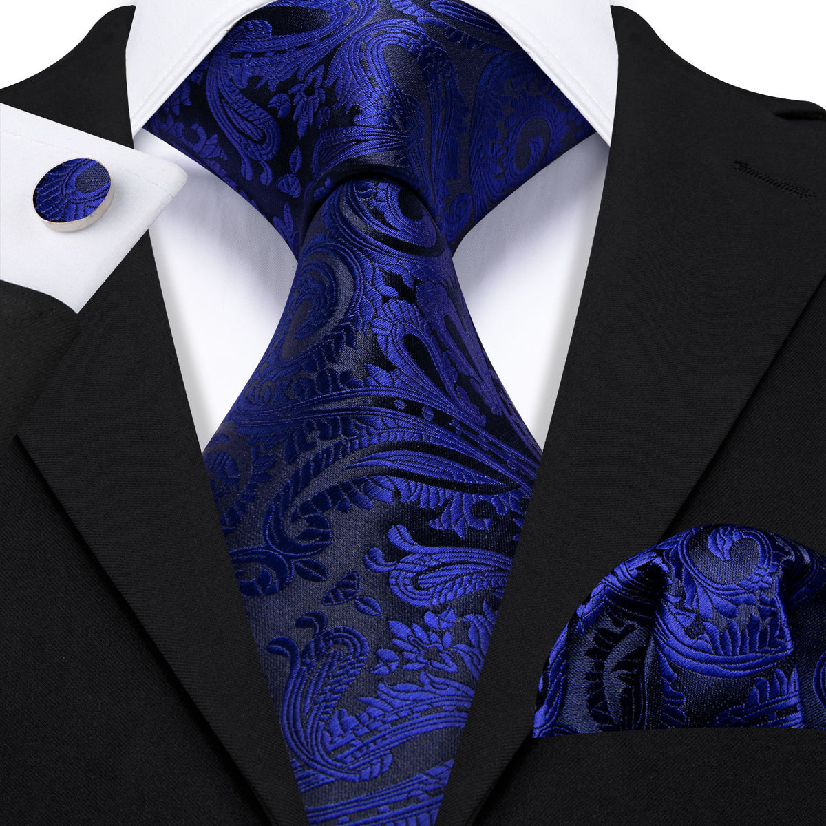 Blue Black Paisley Silk Tie, Pocket Square and Cufflinks Set tie sets - Sophisticated Gentlemen
