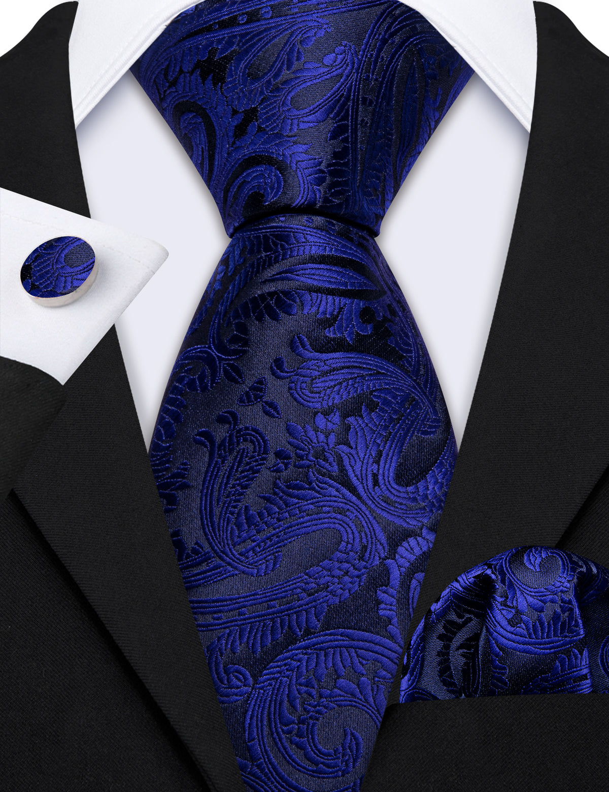 Blue Black Paisley Silk Tie, Pocket Square and Cufflinks Set tie sets - Sophisticated Gentlemen