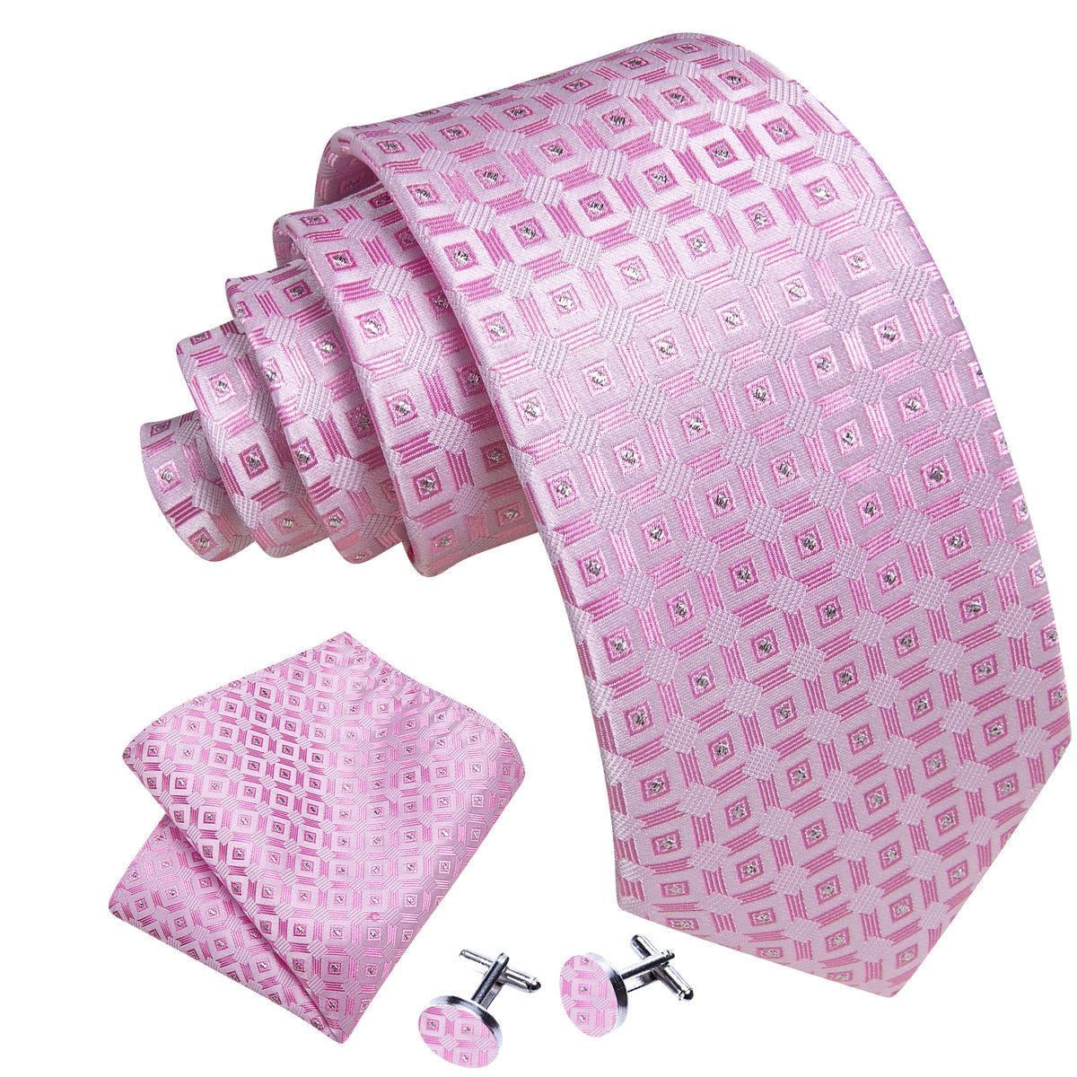 Pink Novetly Plaid Silk Tie, Pocket Square and Cufflinks Set tie sets - Sophisticated Gentlemen
