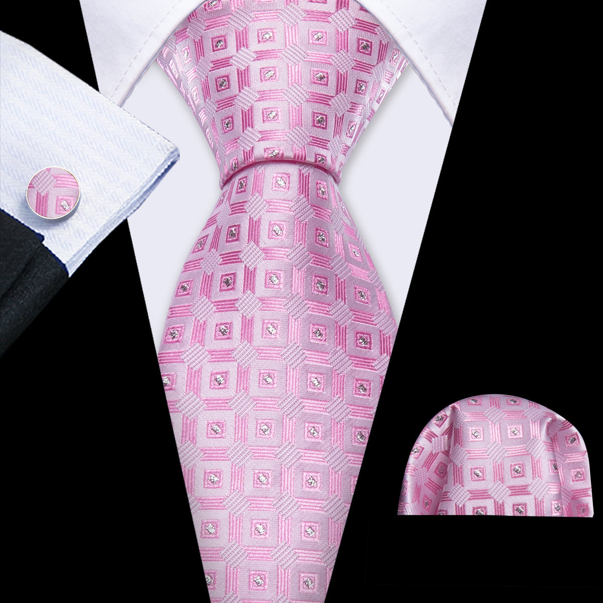 Pink Novetly Plaid Silk Tie, Pocket Square and Cufflinks Set tie sets - Sophisticated Gentlemen