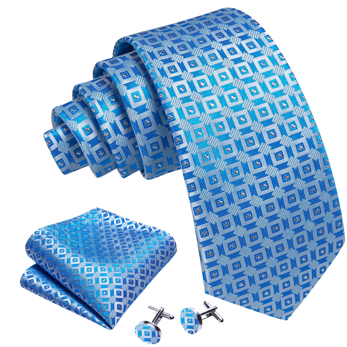 Light Blue Plaid Silk Tie, Pocket Square and Cufflinks Set tie sets - Sophisticated Gentlemen