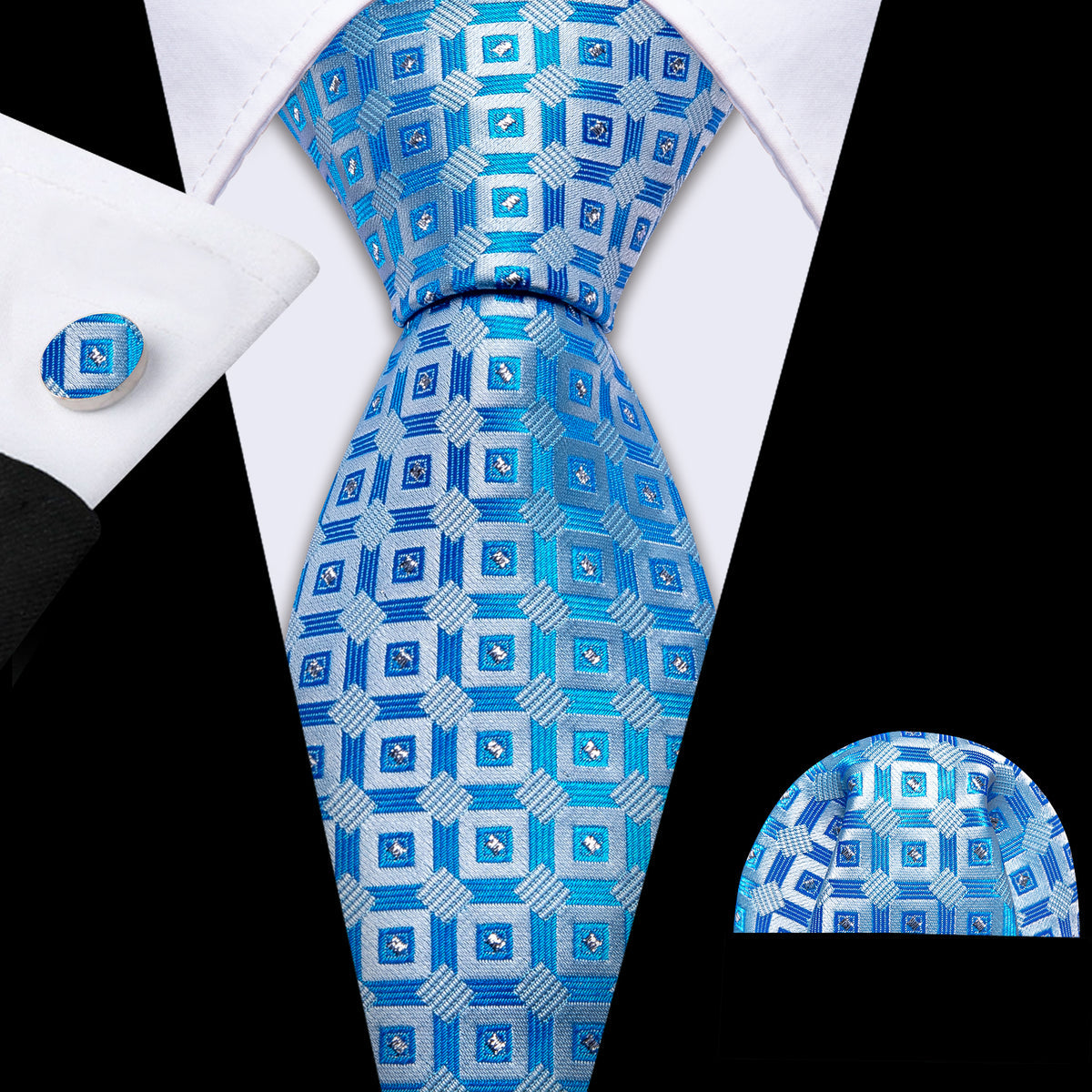 Light Blue Plaid Silk Tie, Pocket Square and Cufflinks Set tie sets - Sophisticated Gentlemen