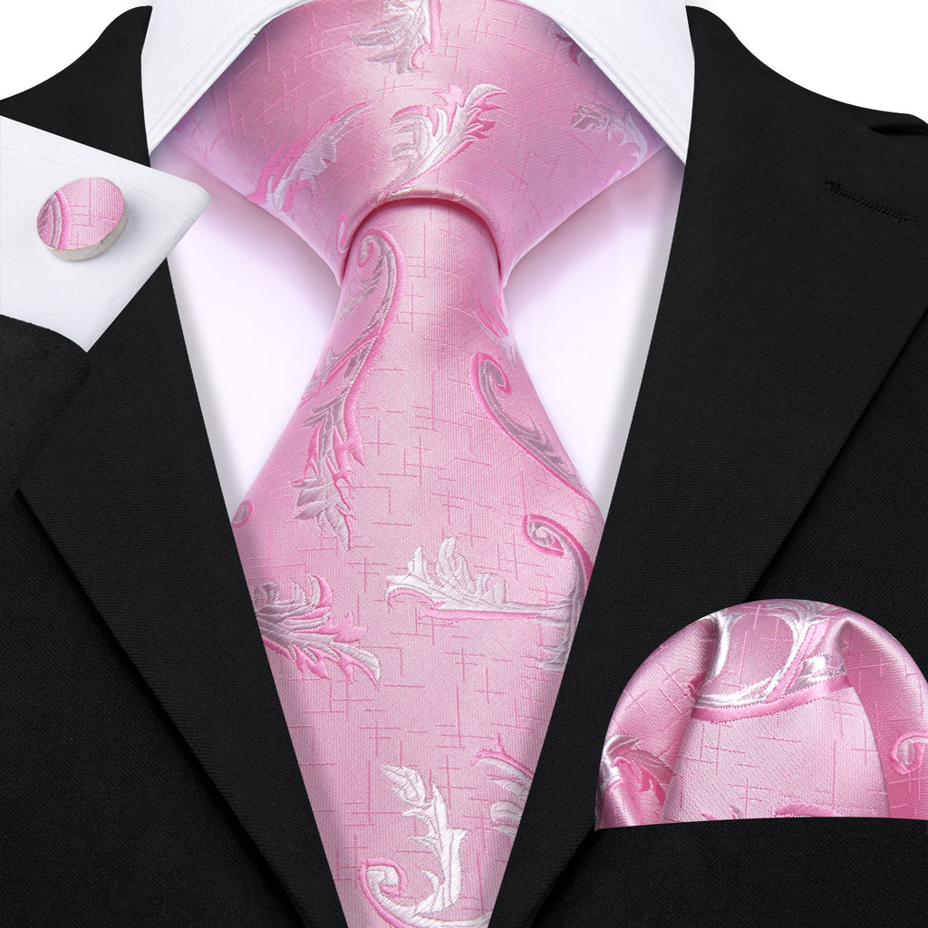 Pink White Floral Silk Tie, Pocket Square and Cufflinks Set tie sets - Sophisticated Gentlemen