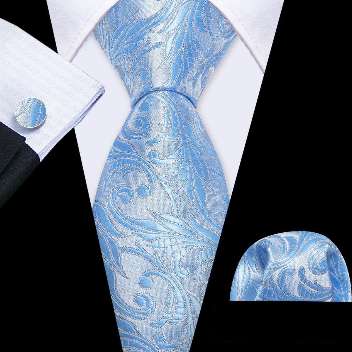 Teal Cyan Silver Floral Silk Tie, Pocket Square and Cufflinks Set tie sets - Sophisticated Gentlemen