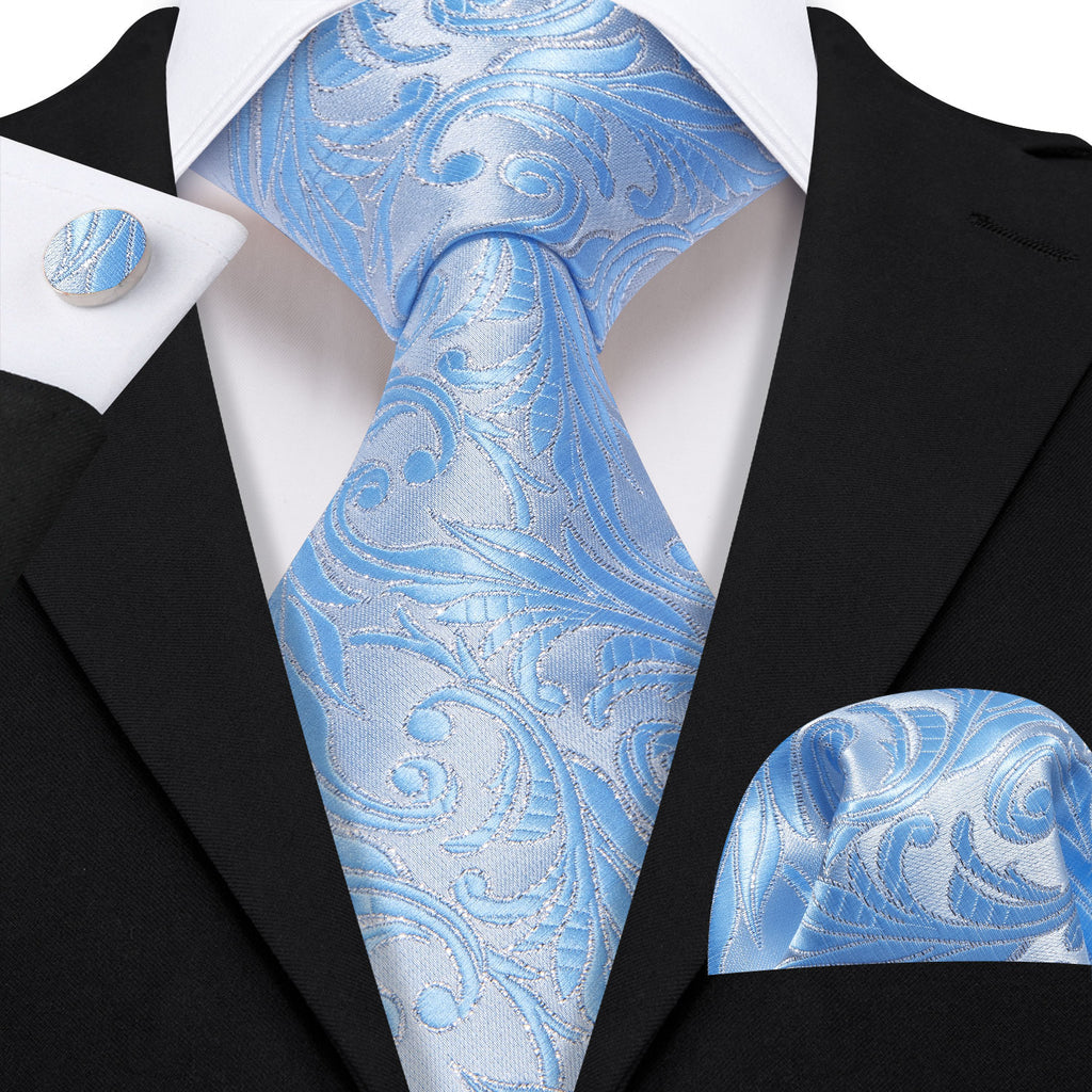 Teal Cyan Silver Floral Silk Tie, Pocket Square and Cufflinks Set tie sets - Sophisticated Gentlemen