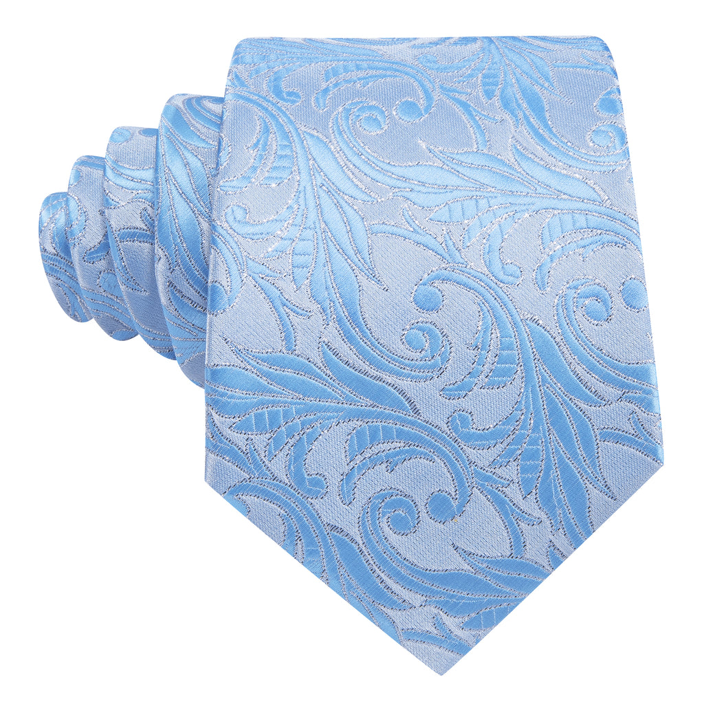 Teal Cyan Silver Floral Silk Tie, Pocket Square and Cufflinks Set tie sets - Sophisticated Gentlemen